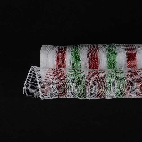 Red with Apple Green - Poly Deco Mesh Wreath Material with Laser Mono Stripe - 21 Inch x 10 Yards