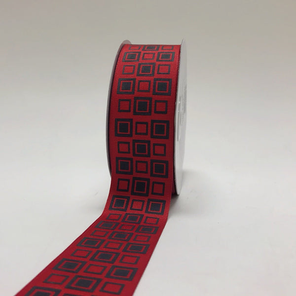 Red with Black - Square Design Grosgrain Ribbon ( 1 - 1/2 Inch | 25 Yards ) BBCrafts.com