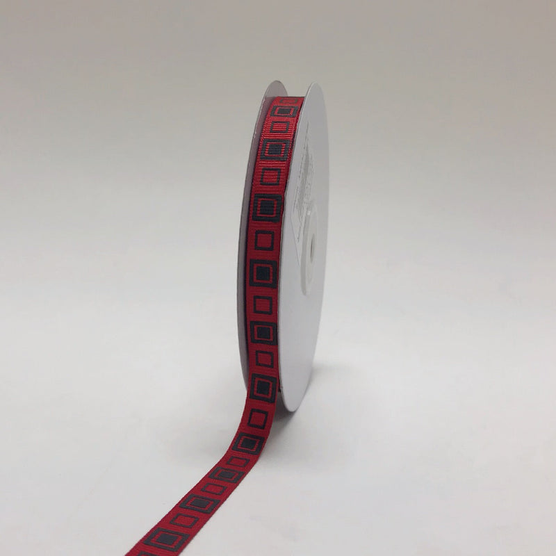 Red with Black - Square Design Grosgrain Ribbon ( 3/8 Inch | 25 Yards ) BBCrafts.com