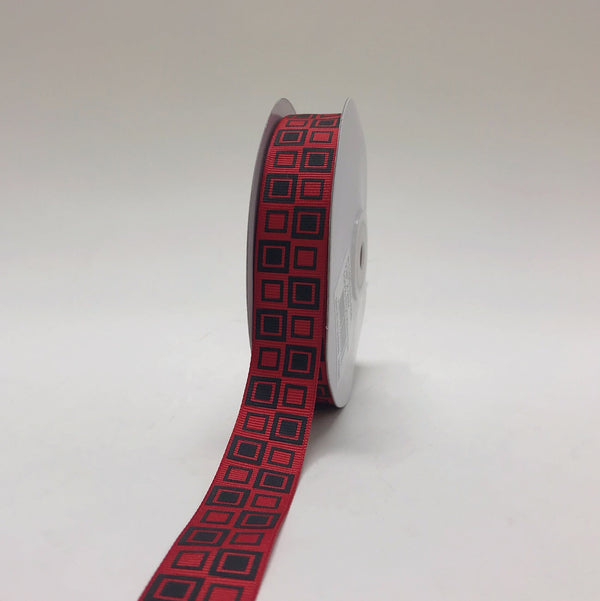 Red with Black - Square Design Grosgrain Ribbon ( 7/8 Inch | 25 Yards ) BBCrafts.com