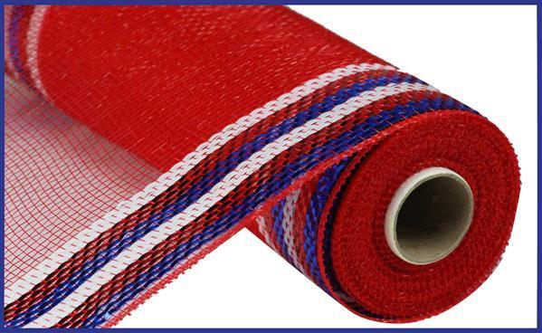 Red with Blue Stripes - Deco Mesh Wrap Metallic Stripes - ( 10 Inch x 10 Yards ) BBCrafts.com