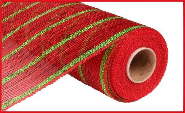 Red with Green Stripes - Deco Mesh Wrap Metallic Stripes - ( 10 Inch x 10 Yards ) BBCrafts.com