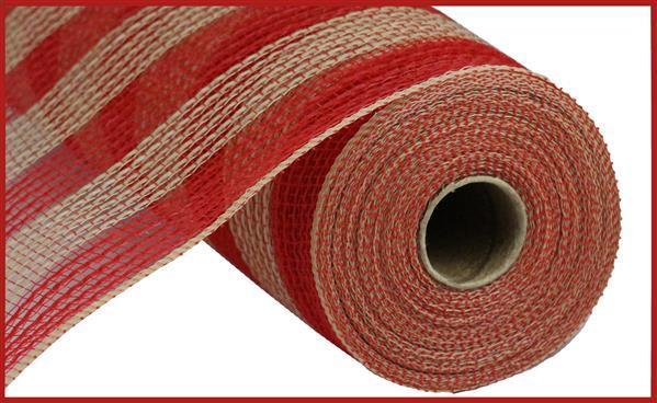 Red with Natural Stripes - Deco Mesh Wrap Metallic Stripes - ( 10 Inch x 10 Yards ) BBCrafts.com