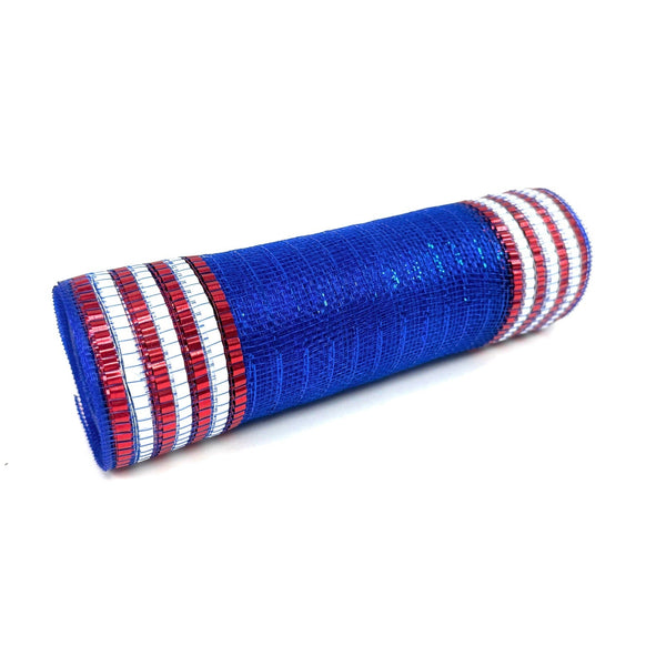 Royal Blue with Red White Mosaic Stripes Deco Mesh - Holiday Floral Deco Mesh - ( 10 Inch x 10 Yards ) BBCrafts.com