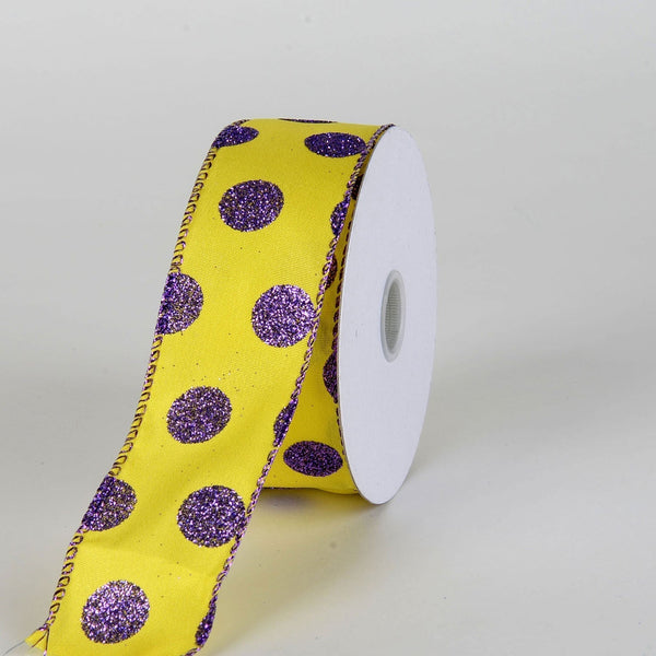 Satin Glitter Polka Dot Ribbon Wired Yellow with Purple Dots ( W: 1 - 1/2 Inch | L: 10 Yards ) BBCrafts.com