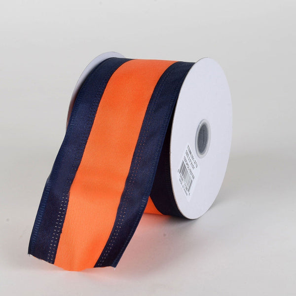 Satin Navy Blue & Orange Colleges Wired Ribbon ( 2 - 1/2 Inch x 10 Yards ) BBCrafts.com