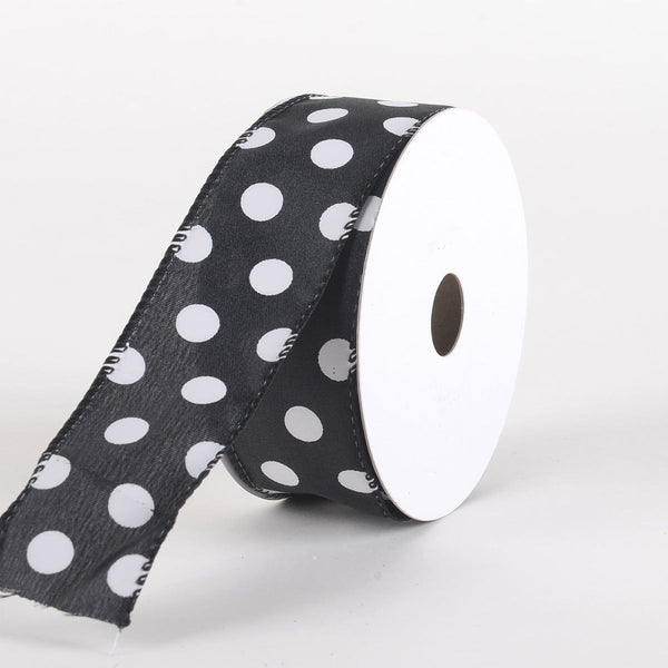 Satin Polka Dot Ribbon Wired Black with White Dots ( W: 1 - 1/2 Inch | L: 10 Yards ) BBCrafts.com