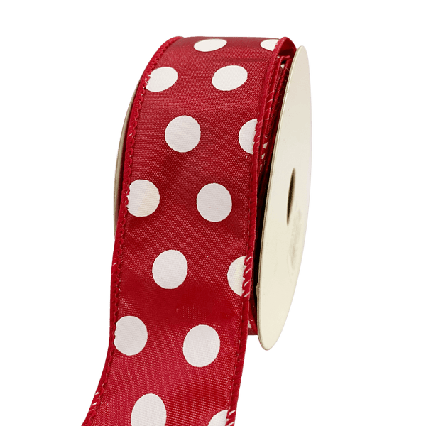 Satin Polka Dot Ribbon Wired Crimson with White Dots ( W: 1 - 1/2 Inch | L: 10 Yards ) BBCrafts.com