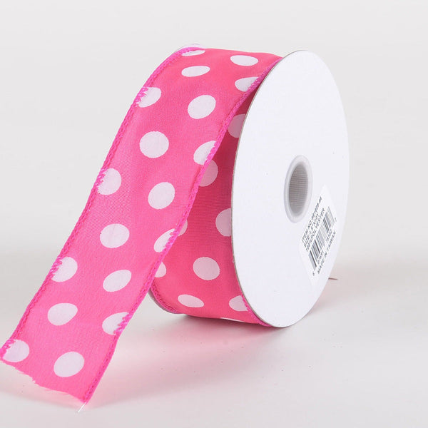 Satin Polka Dot Ribbon Wired Hot Pink with White Dots ( W: 1 - 1/2 Inch | L: 10 Yards ) BBCrafts.com