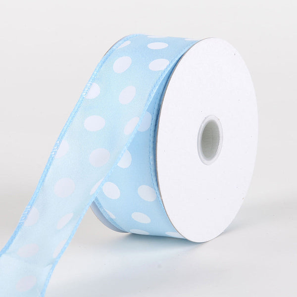 Satin Polka Dot Ribbon Wired Light Blue with White Dots ( W: 1 - 1/2 Inch | L: 10 Yards ) BBCrafts.com