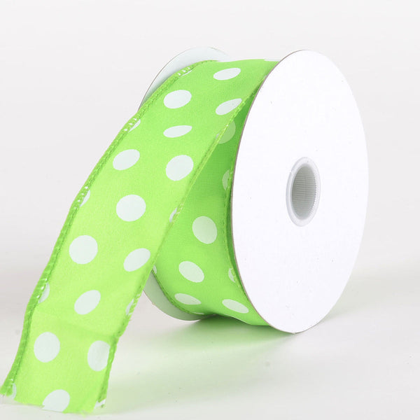 Satin Polka Dot Ribbon Wired Lime Green with White Dots ( W: 1 - 1/2 Inch | L: 10 Yards ) BBCrafts.com