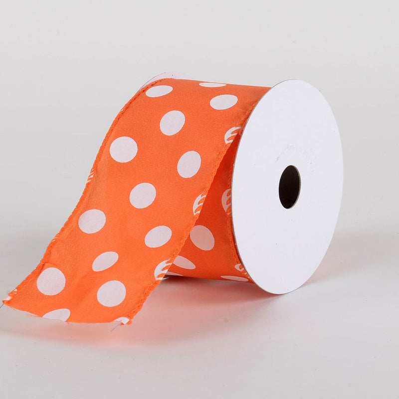 Satin Polka Dot Ribbon Wired Orange with White Dots ( W: 2 - 1/2 Inch | L: 10 Yards ) BBCrafts.com