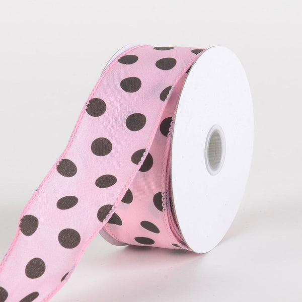 Satin Polka Dot Ribbon Wired Pink with Chocolate Dots ( W: 1 - 1/2 Inch | L: 10 Yards ) BBCrafts.com