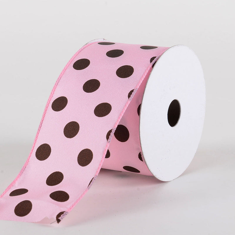 Satin Polka Dot Ribbon Wired Pink with Chocolate Dots ( W: 2 - 1/2 Inch | L: 10 Yards ) BBCrafts.com