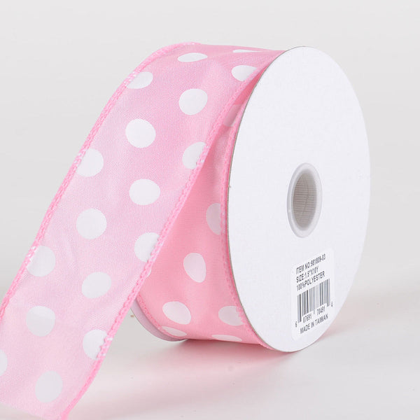 Satin Polka Dot Ribbon Wired Pink with White Dots ( W: 1 - 1/2 Inch | L: 10 Yards ) BBCrafts.com