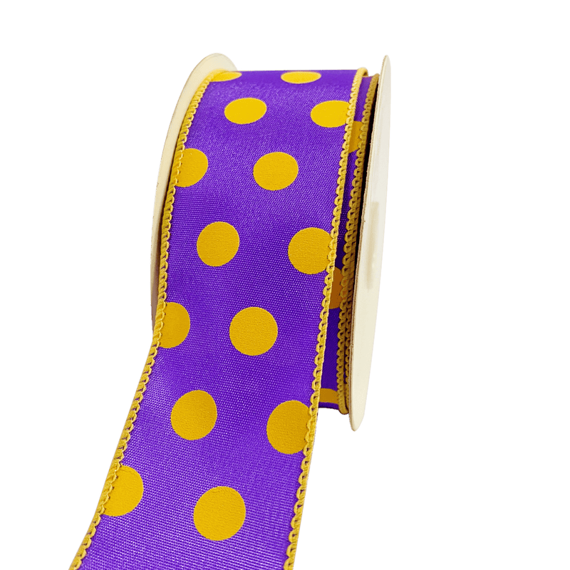 Satin Polka Dot Ribbon Wired Purple with Light Gold Dots ( W: 1 - 1/2 Inch | L: 10 Yards ) BBCrafts.com