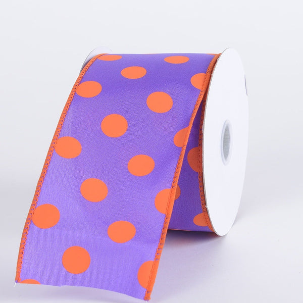 Satin Polka Dot Ribbon Wired Purple with Orange Dots ( W: 1 - 1/2 Inch | L: 10 Yards ) BBCrafts.com