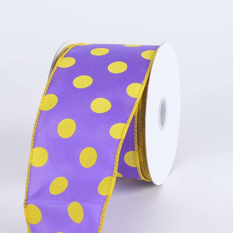 Satin Polka Dot Ribbon Wired Purple with Yellow Dots ( W: 1 - 1/2 Inch | L: 10 Yards ) BBCrafts.com