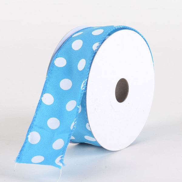 Satin Polka Dot Ribbon Wired Turquoise with White Dots ( W: 1 - 1/2 Inch | L: 10 Yards ) BBCrafts.com