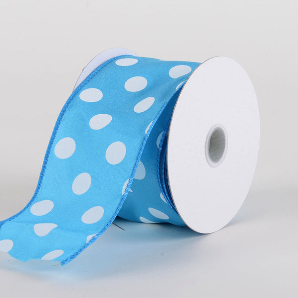Satin Polka Dot Ribbon Wired Turquoise with White Dots ( W: 2 - 1/2 Inch | L: 10 Yards ) BBCrafts.com