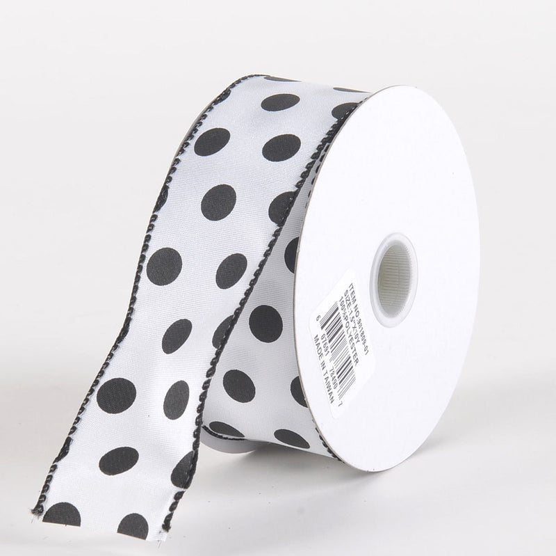 Satin Polka Dot Ribbon Wired White with Black Dots ( W: 1 - 1/2 Inch | L: 10 Yards ) BBCrafts.com