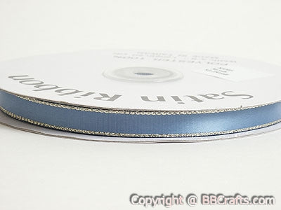 Satin Ribbon Lurex Edge Antique Blue with Gold Edge ( 1/4 Inch | 50 Yards ) BBCrafts.com