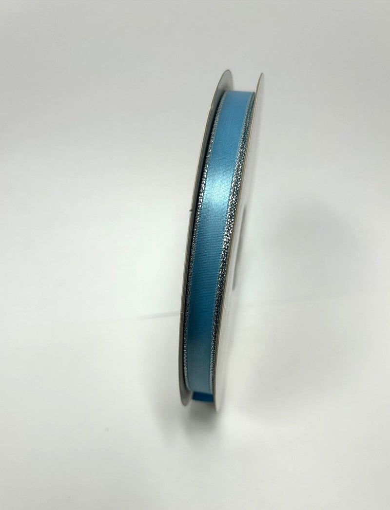Satin Ribbon Lurex Edge Antique Blue with Silver Edge ( W: 3/8 Inch | L: 50 Yards ) BBCrafts.com