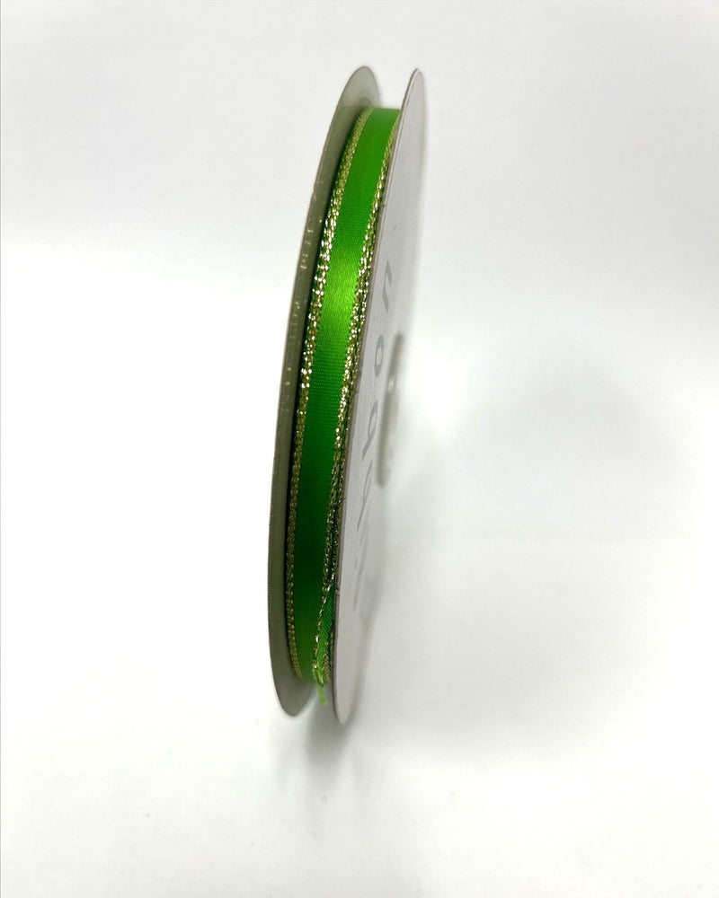 Satin Ribbon Lurex Edge Apple Green with Gold Edge ( 1/4 Inch | 50 Yards ) BBCrafts.com