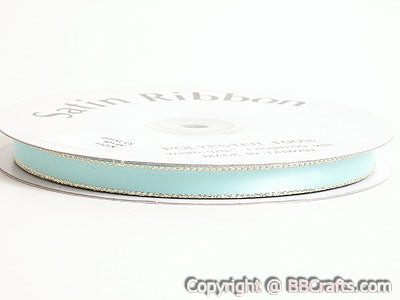 Satin Ribbon Lurex Edge Aqua Blue with Gold Edge ( 3/8 Inch | 50 Yards ) BBCrafts.com