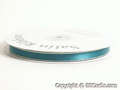 Satin Ribbon Lurex Edge Jade with Gold Edge ( 1/4 Inch | 50 Yards ) BBCrafts.com