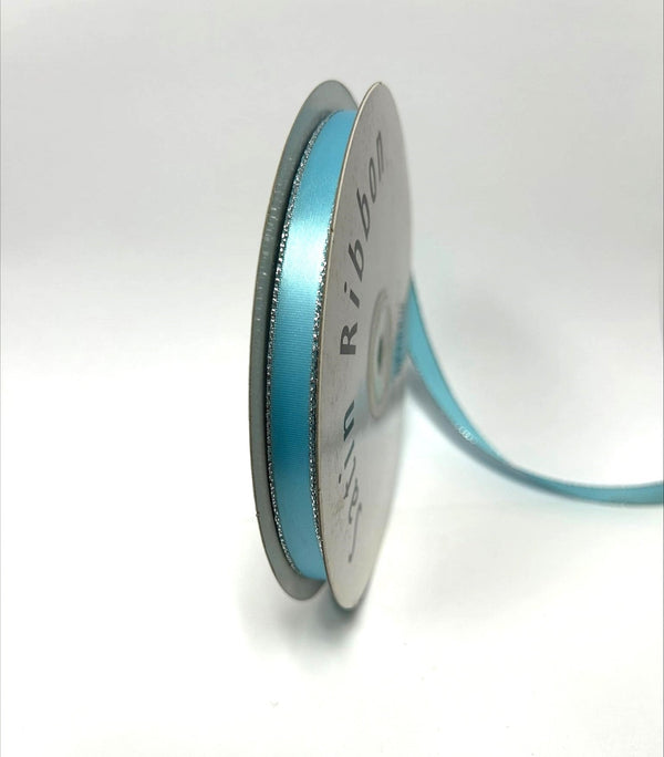 Satin Ribbon Lurex Edge Light Blue with Silver Edge ( W: 3/8 Inch | L: 50 Yards ) BBCrafts.com