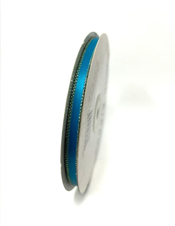 Satin Ribbon Lurex Edge Turquoise with Gold Edge ( 1/4 Inch | 50 Yards ) BBCrafts.com