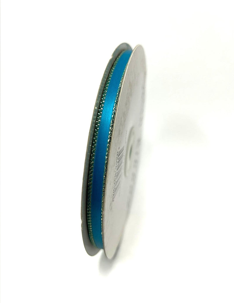 Satin Ribbon Lurex Edge Turquoise with Gold Edge ( W: 3/8 Inch | L: 50 Yards ) BBCrafts.com