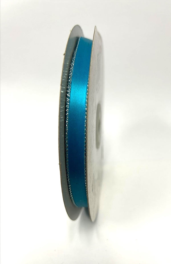 Satin Ribbon Lurex Edge Turquoise with Silver Edge ( W: 3/8 Inch | L: 50 Yards ) BBCrafts.com