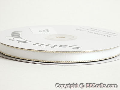 Satin Ribbon Lurex Edge White With Gold Edge ( 1/4 Inch | 50 Yards ) BBCrafts.com