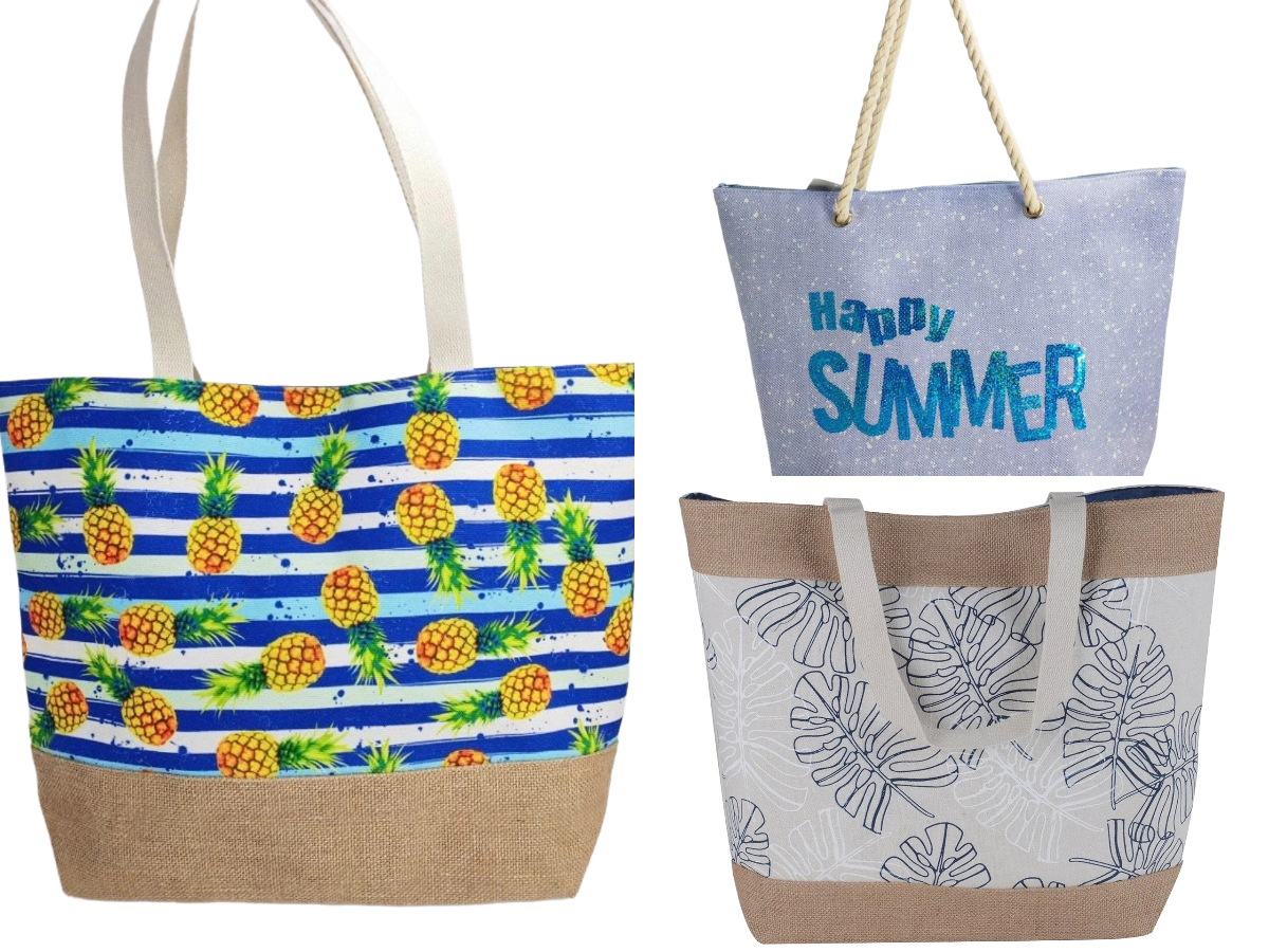 Women's Canvas Beach Tote Bags Combo Set of 3 – Summer Sparkle, Pineap –