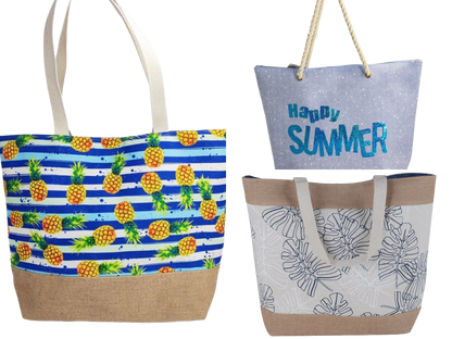 Women’s Canvas Beach Tote Bags Combo Set of 3 – Summer Sparkle, Pineapple & Monstera Print Large Pool & Travel Totes