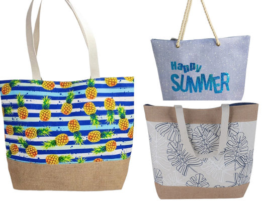 Women’s Canvas Beach Tote Bags Combo Set of 3 – Summer Sparkle, Pineapple & Monstera Print Large Pool & Travel Totes