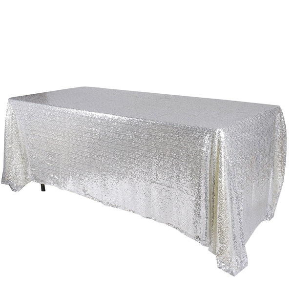 Silver 90x132 Inch Rectangular Duchess Sequin Tablecloth BBCrafts.com