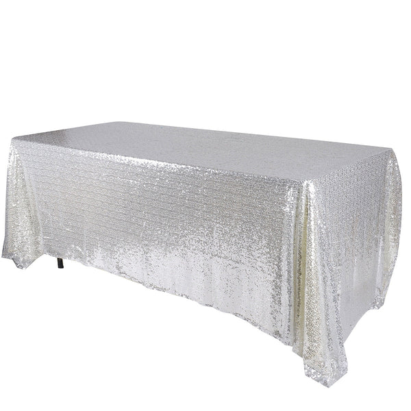 Silver 90x156 Inch Rectangular Duchess Sequin Tablecloth BBCrafts.com