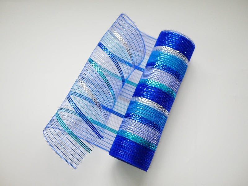 Silver Turquoise Royal Blue - Metallic Stripes Burlap Mesh ( 10 Inch x 10 Yards ) BBCrafts.com