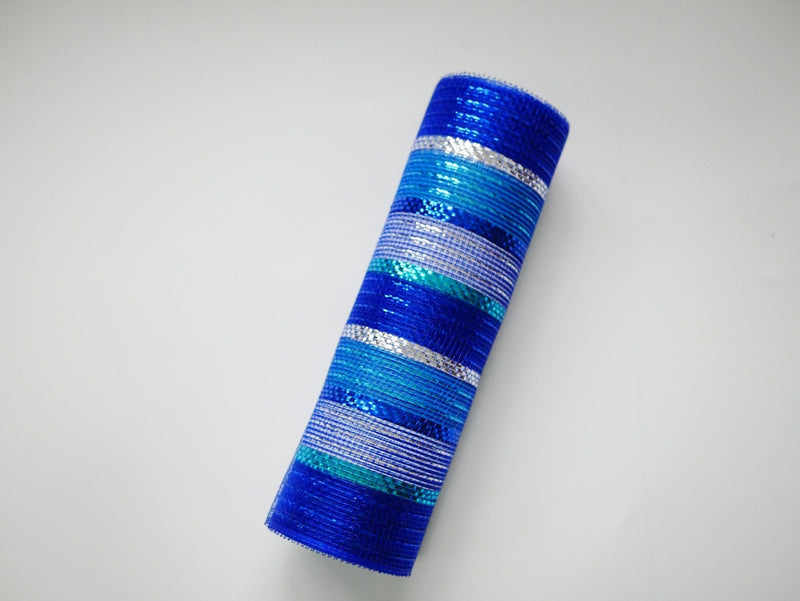Silver Turquoise Royal Blue - Metallic Stripes Burlap Mesh ( 10 Inch x 10 Yards ) BBCrafts.com