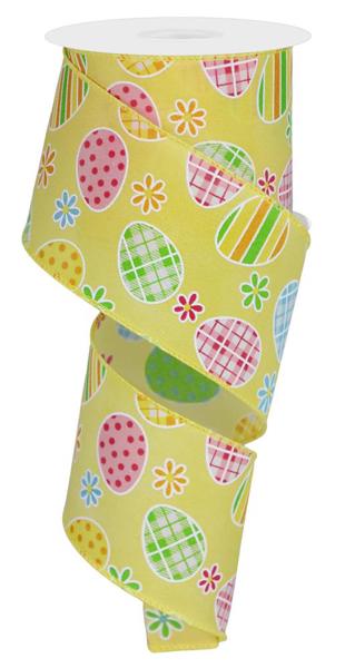 Soft Yellow Blue Lime Pink Gold - Check Plaid Egg Daisy On Pg Ribbon - ( 2-1/2 Inch | 10 Yards ) BBCrafts.com