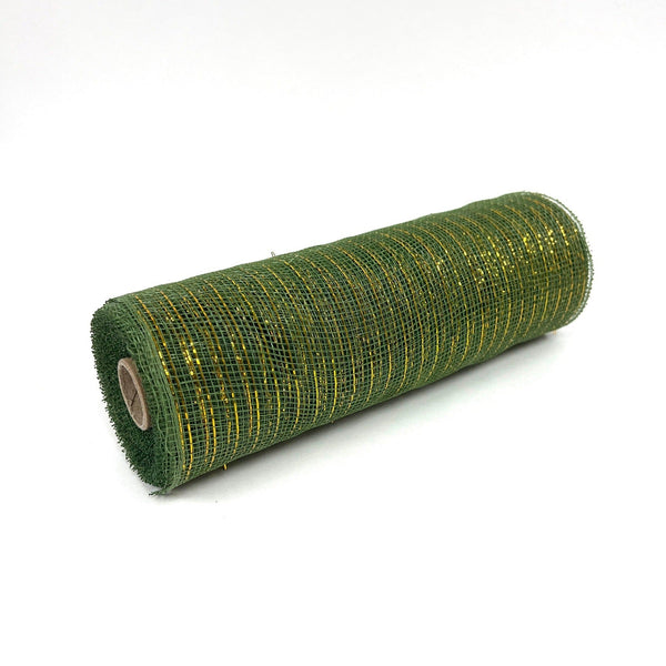 Spring Moss with Gold Lines - Deco Mesh Wrap Metallic Stripes - ( 10 Inch x 10 Yards ) BBCrafts.com