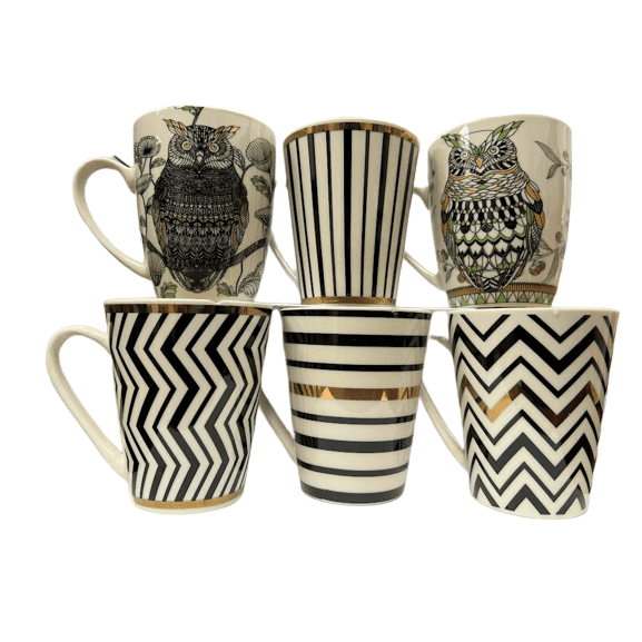 Stripe and Owl Design Coffee Mug Set - Pack of 6 BBCrafts.com