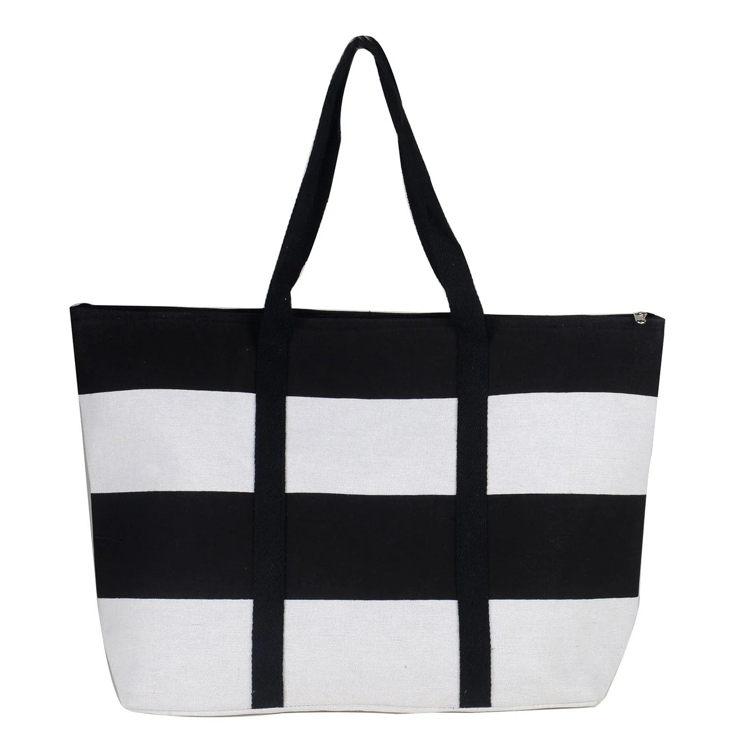 Women’s Beach Tote Bags Combo Set of 2 – Black & White Fashion & Pink Stripes Floral Canvas Pool & Travel Totes