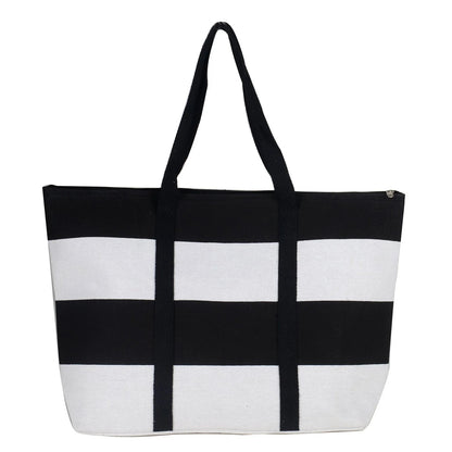 Women’s Beach Tote Bags Combo Set of 2 – Black & White Fashion & Pink Stripes Floral Canvas Pool & Travel Totes