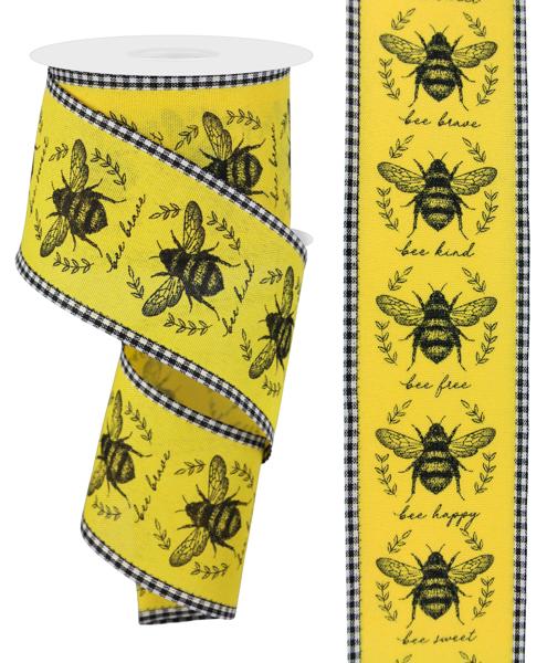 Bumble Bee/Daisy Wired Ribbon 2.5 - Ivory/Wht/Ylw/Grn/Org/Blk