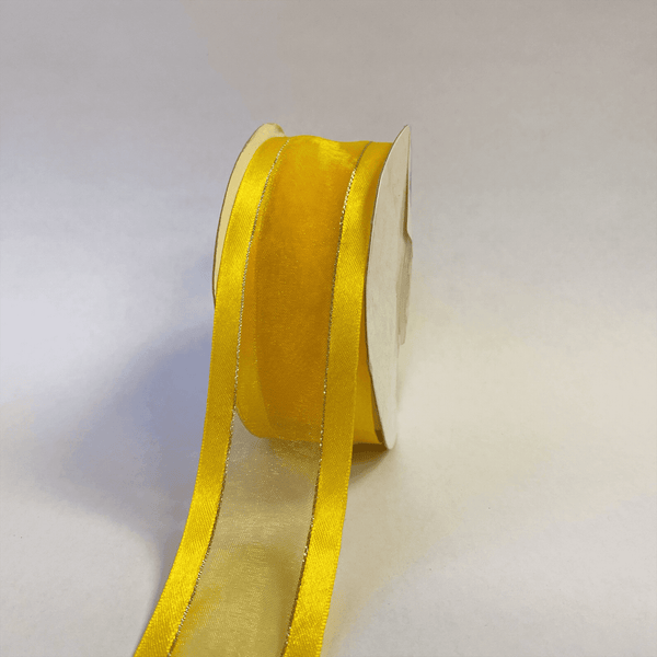 Sunflower with Gold Edge - Organza Ribbon Two Striped Satin Edge - ( 1 - 1/2 Inch | 25 Yards ) BBCrafts.com