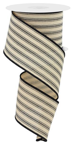Tan Black - Ticking Stripe Wired Edge Ribbon - ( 2-1/2 Inch | 10 Yards ) BBCrafts.com